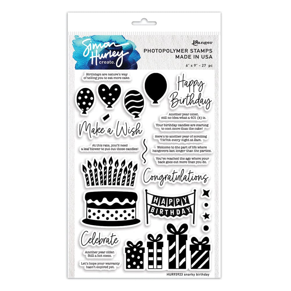 Packaging of Simon Hurley create photopolymer stamps with birthday-themed designs on a white background.