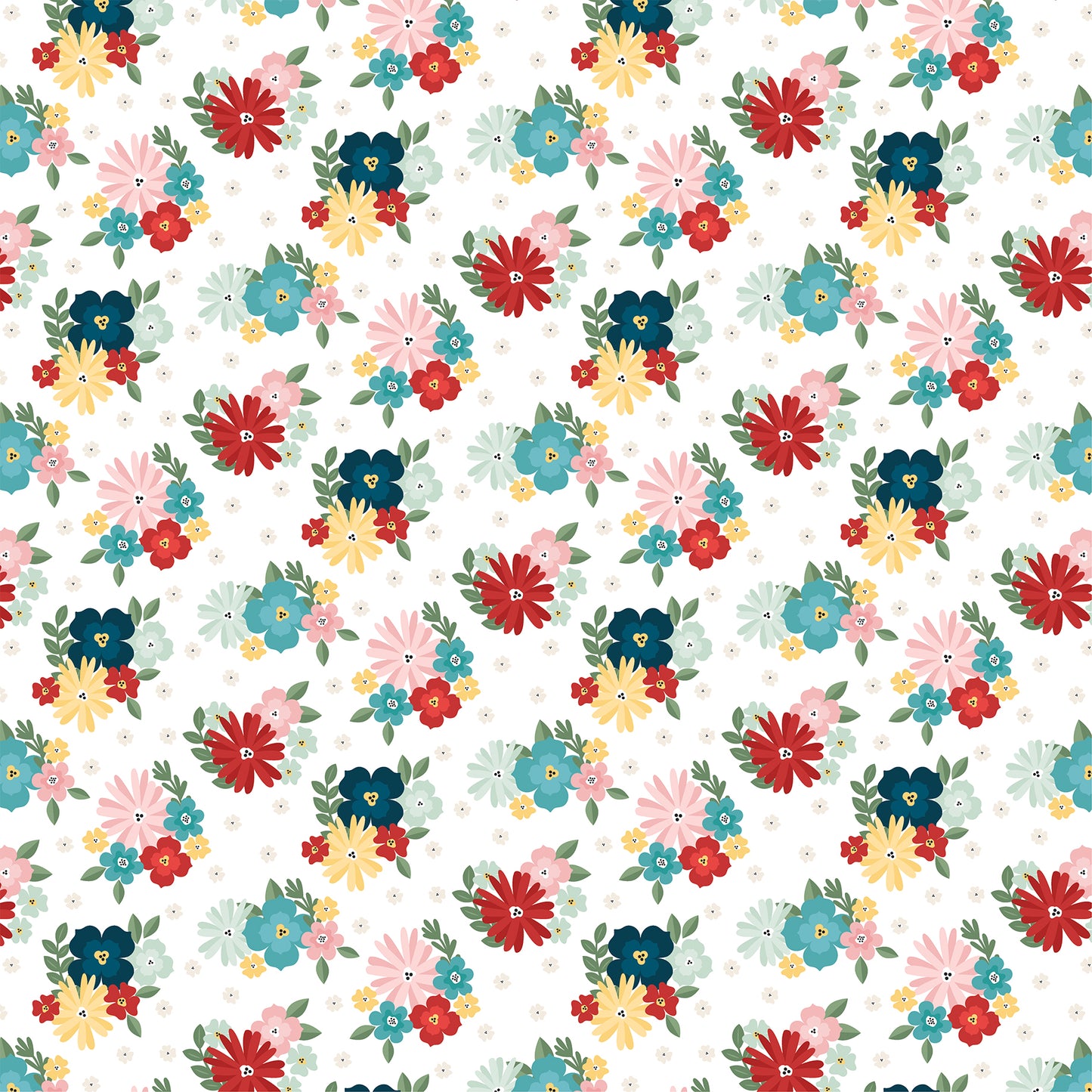 A repeating floral pattern on a white background, featuring stylized flowers in red, blue, pink, yellow, and teal with green leaves.