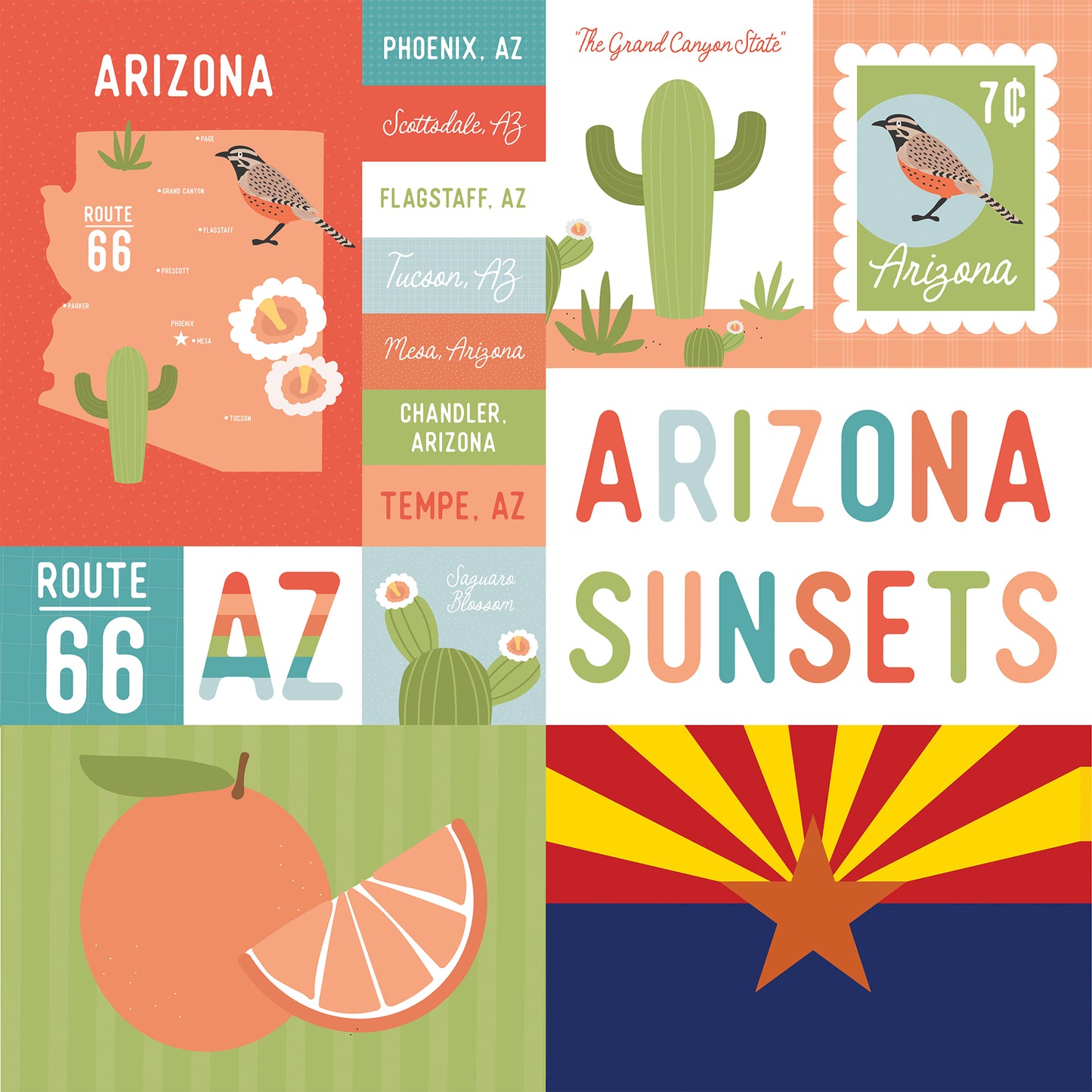 Illustrated collage of Arizona-themed graphics including a map, cacti, and state flag.