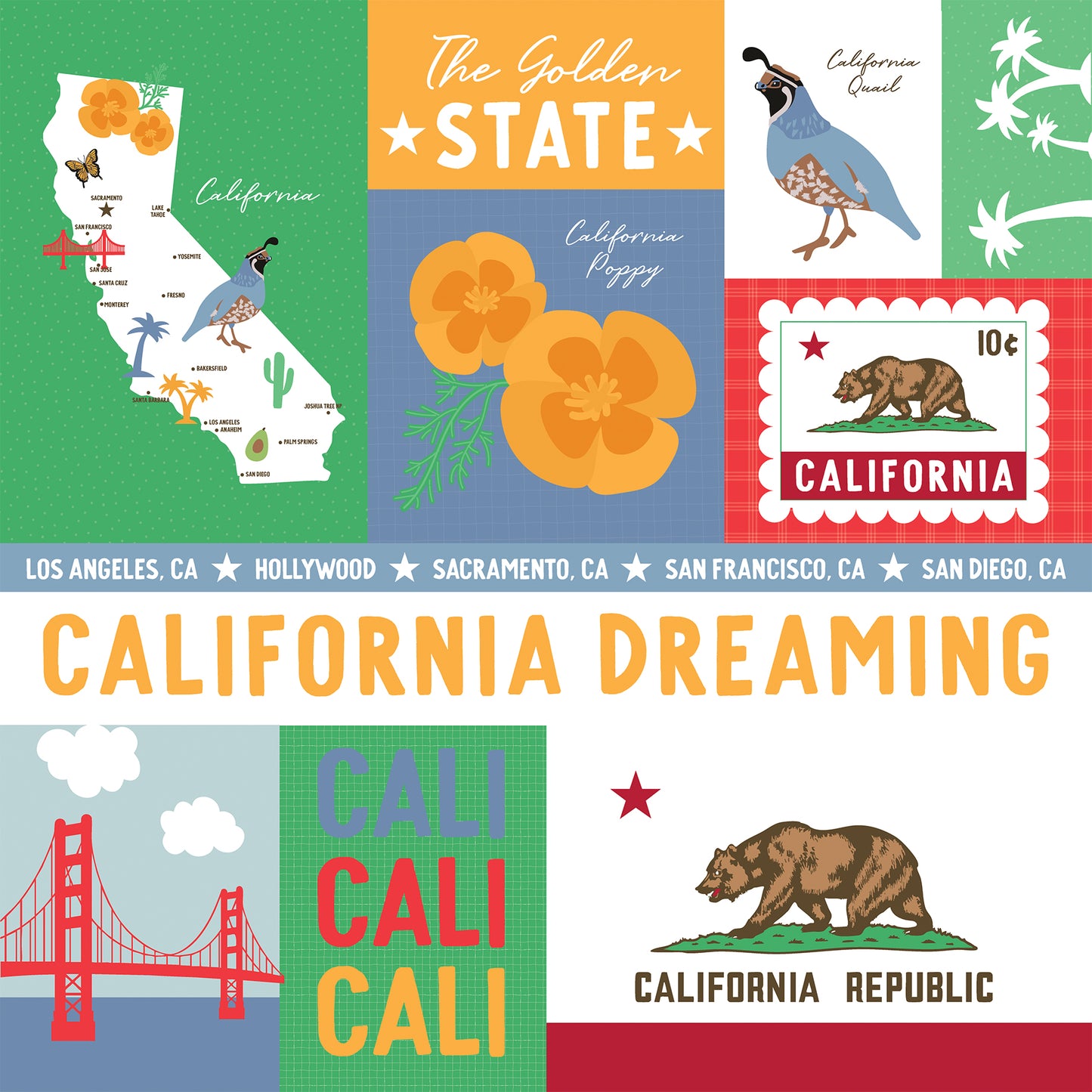 Collage of California-themed illustrations including a map, state symbols, and text.