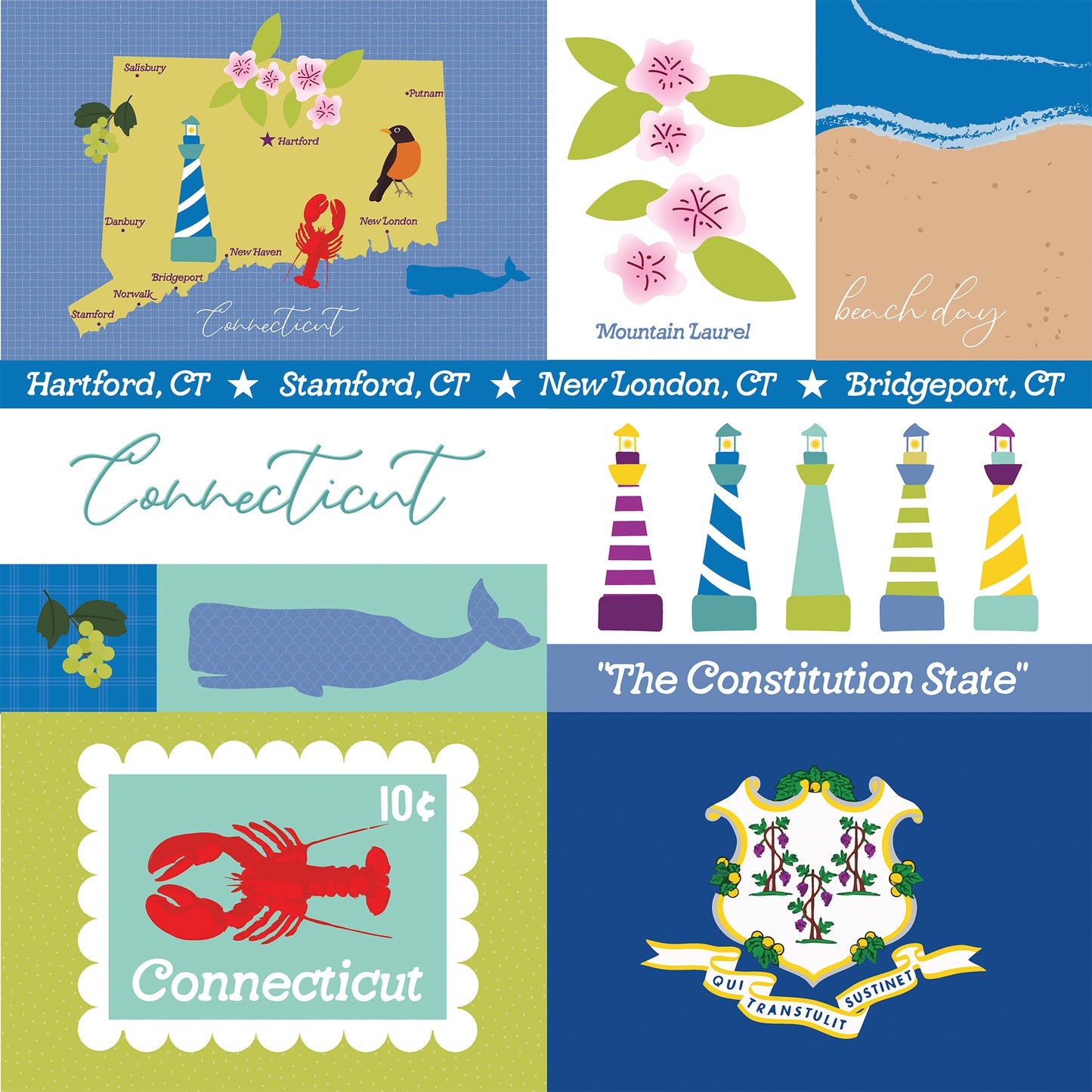 Collage of Connecticut-themed illustrations including a map, lighthouses, and state symbols.