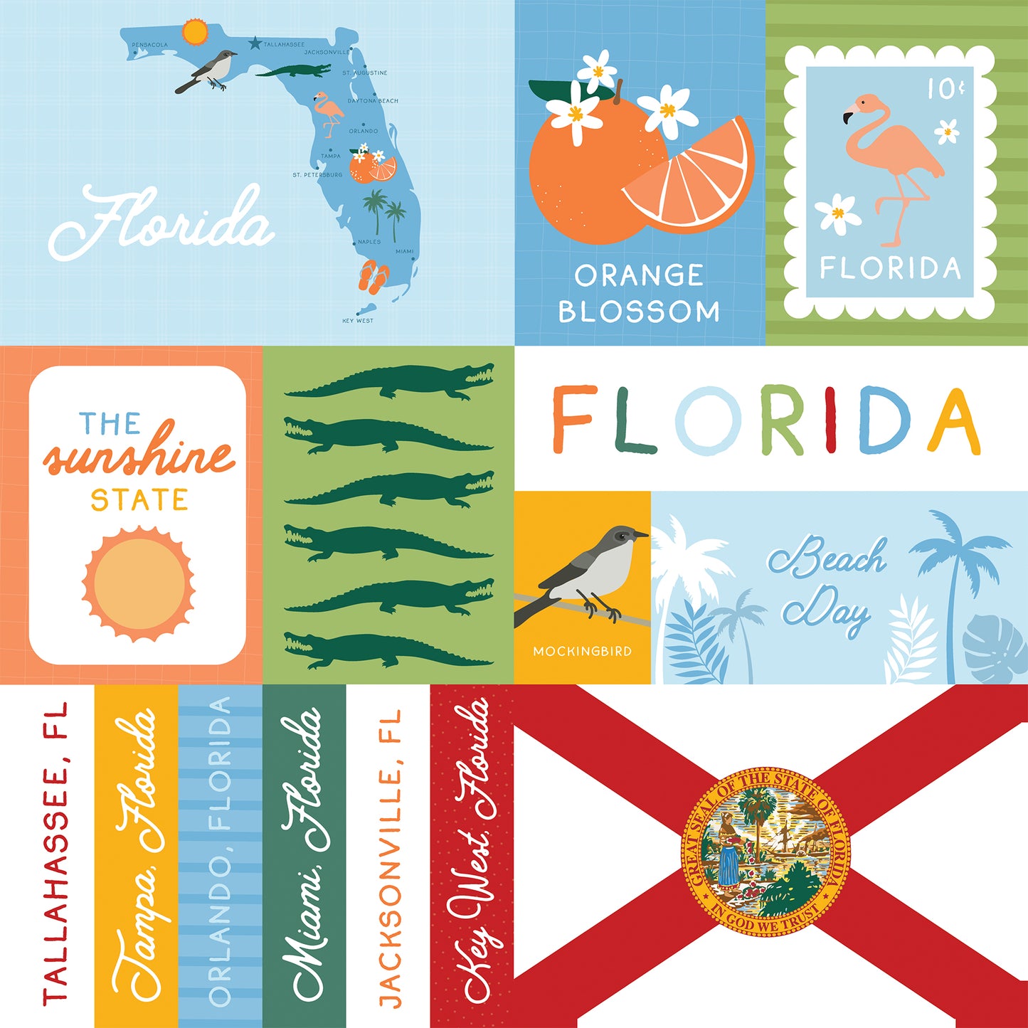 Collage of Florida-themed illustrations including a map, state symbols, and text.