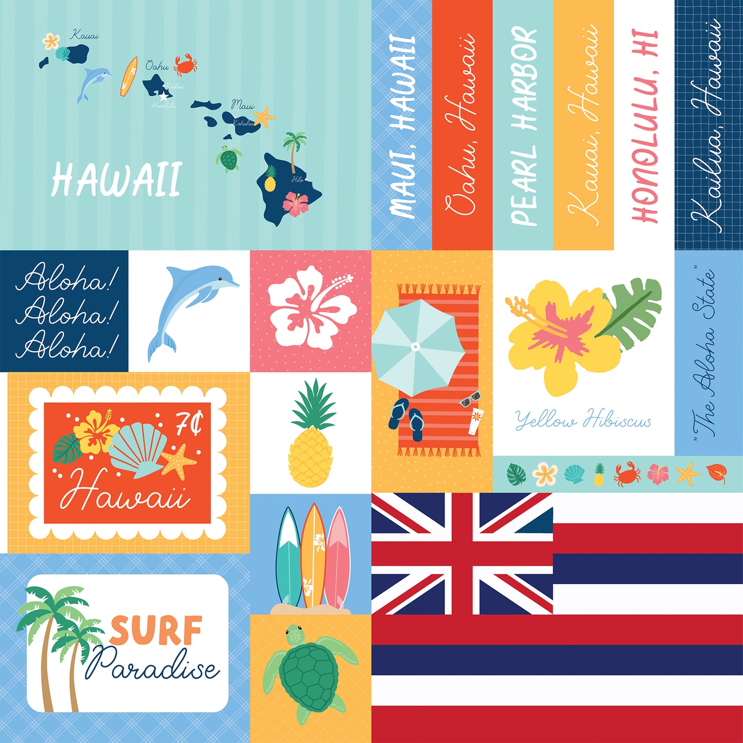 Hawaiian-themed patchwork design with various elements and text on a blue background.