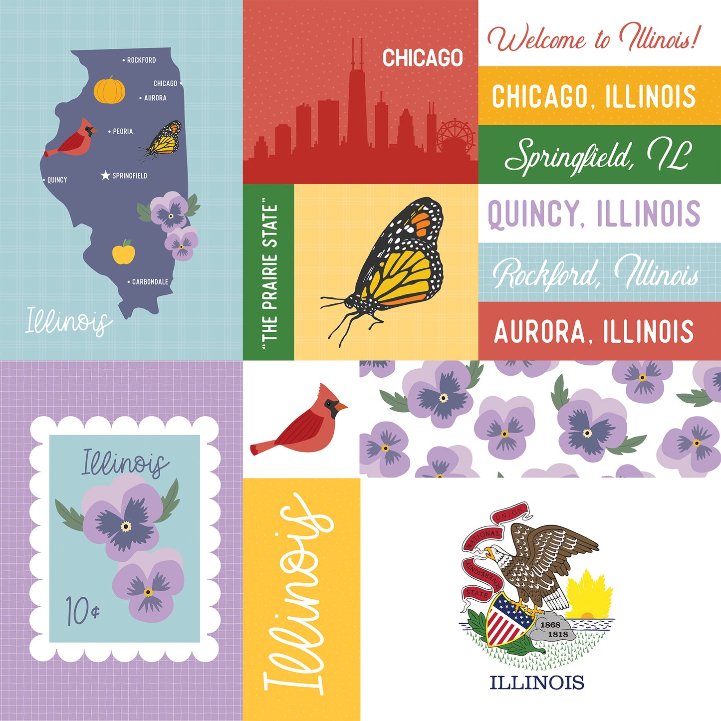 Collage of Illinois-themed graphics including a map, state symbols, and text.