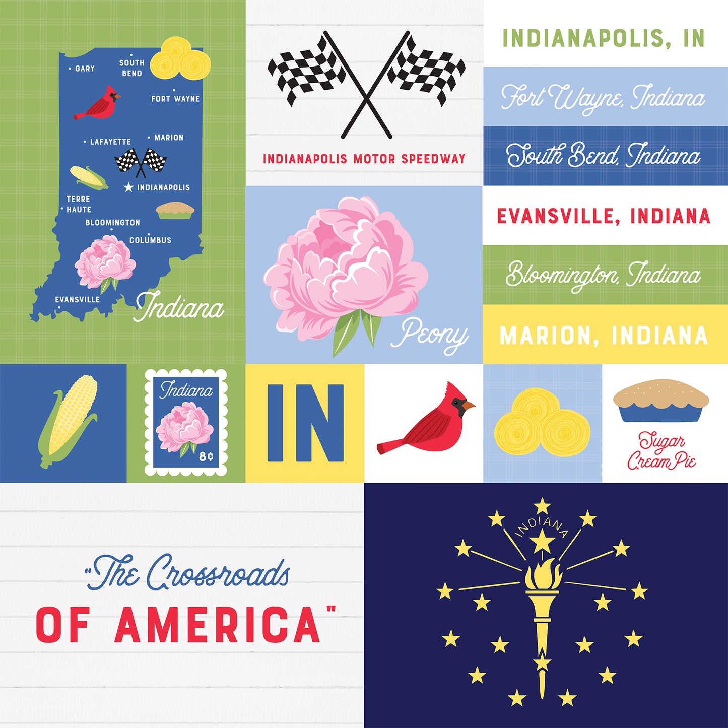 Collage of Indiana-themed graphics including a map, flags, and symbols on a white background.