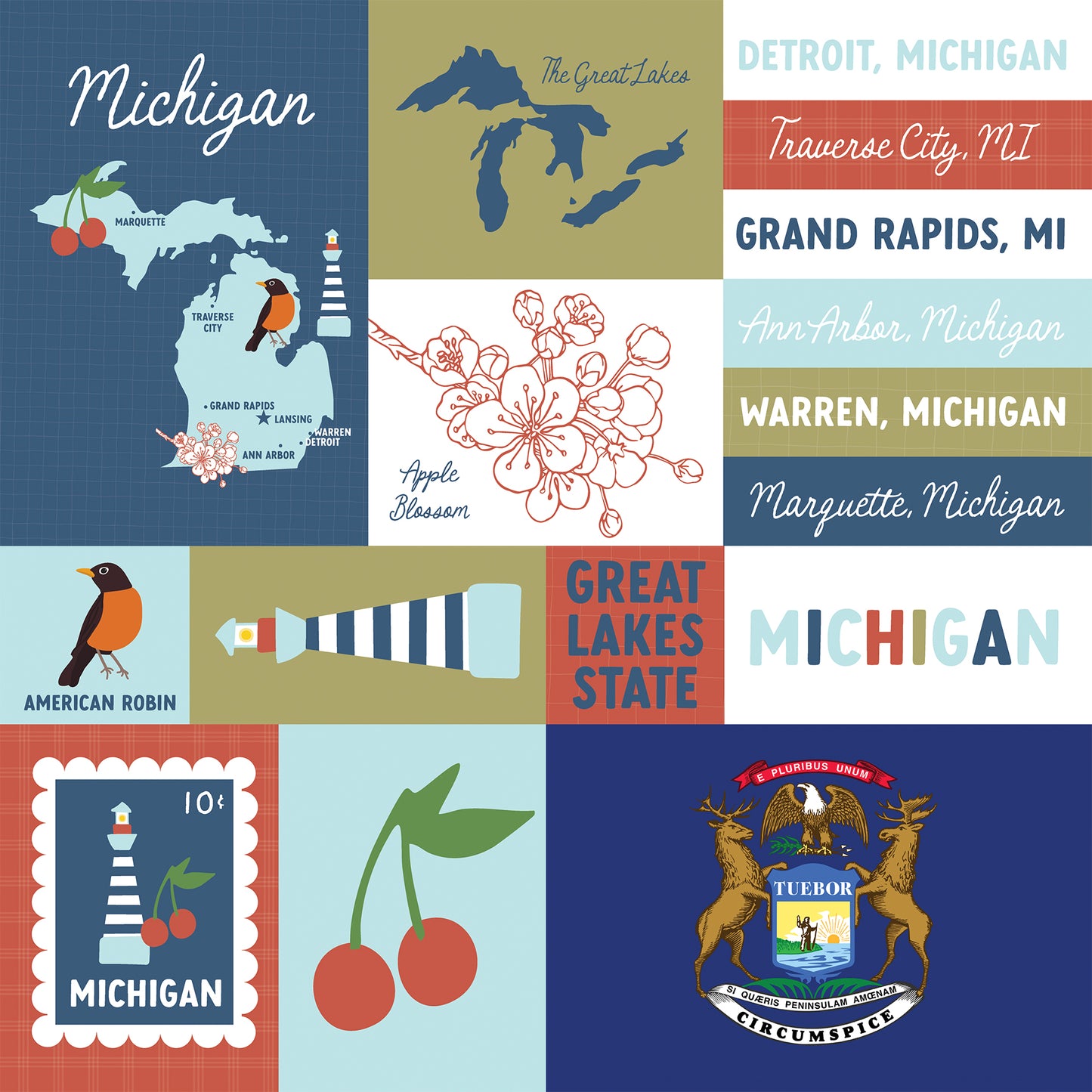 Echo Park - Our United States Collection - 12 x 12 Double Sided Paper - Michigan