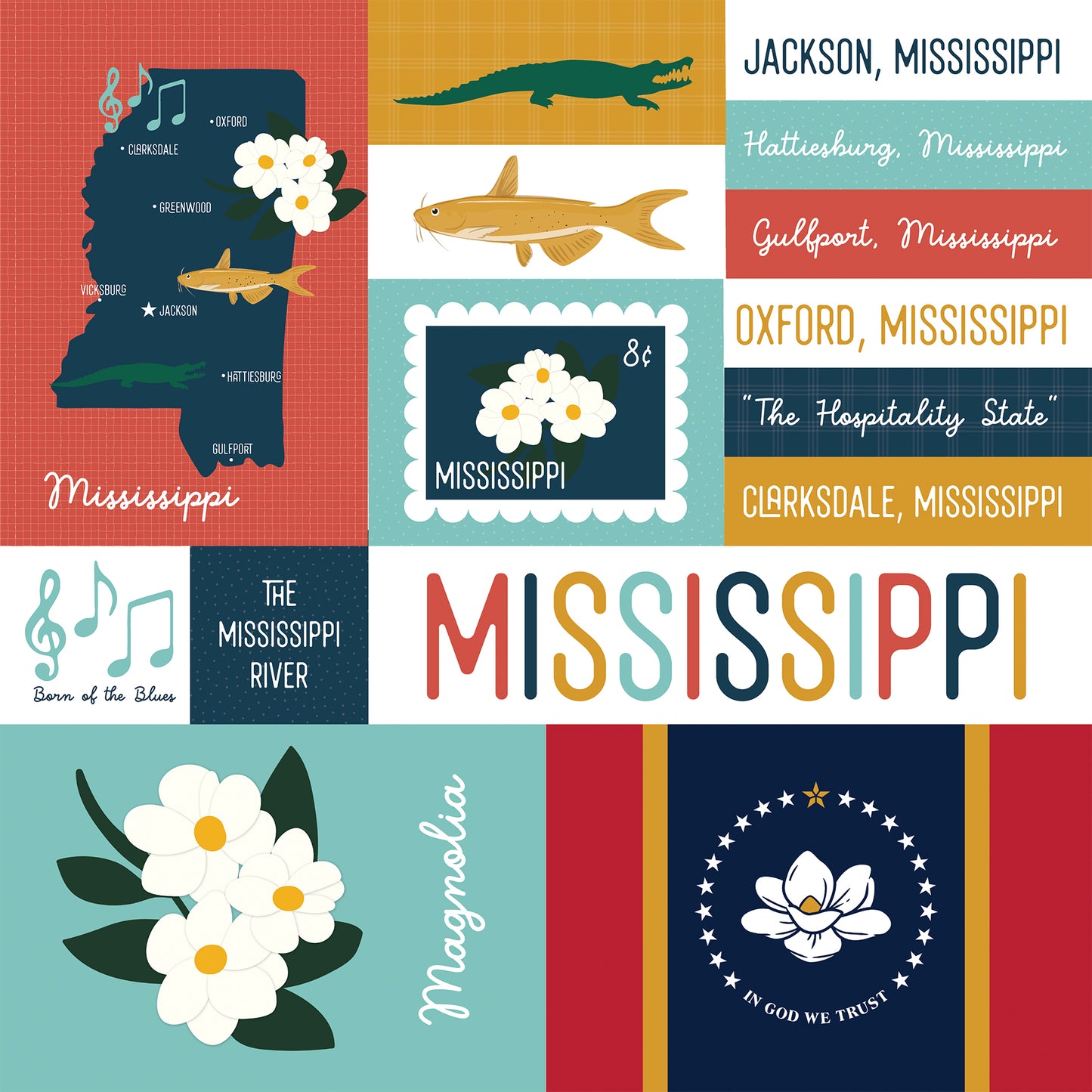 Collage of Mississippi-themed graphics including state map, symbols, and text on a colorful background.