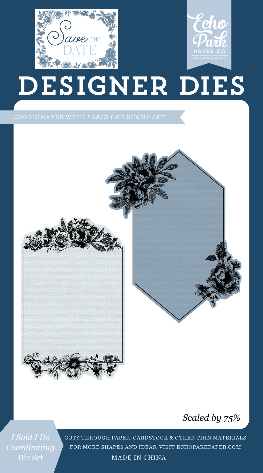 Designer dies with floral and geometric shapes on a blue background