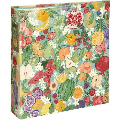 Decorative 8" x 9" 2-ring binder scrapbook album with a colorful fruit and floral pattern on a white background
