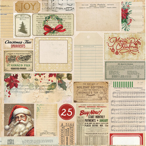 Collection of vintage-style Christmas-themed paper sheets with Santa Claus, Christmas trees, and holiday decorations.