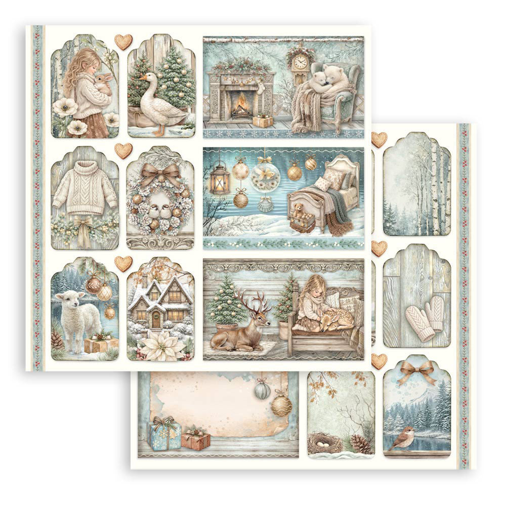 A set of vintage-style winter and Christmas-themed paper sheets with illustrated panels showing a woman by a fireplace, a swan, a lamb, a deer, a cozy cabin, ornaments, and hearts, arranged on a white background.