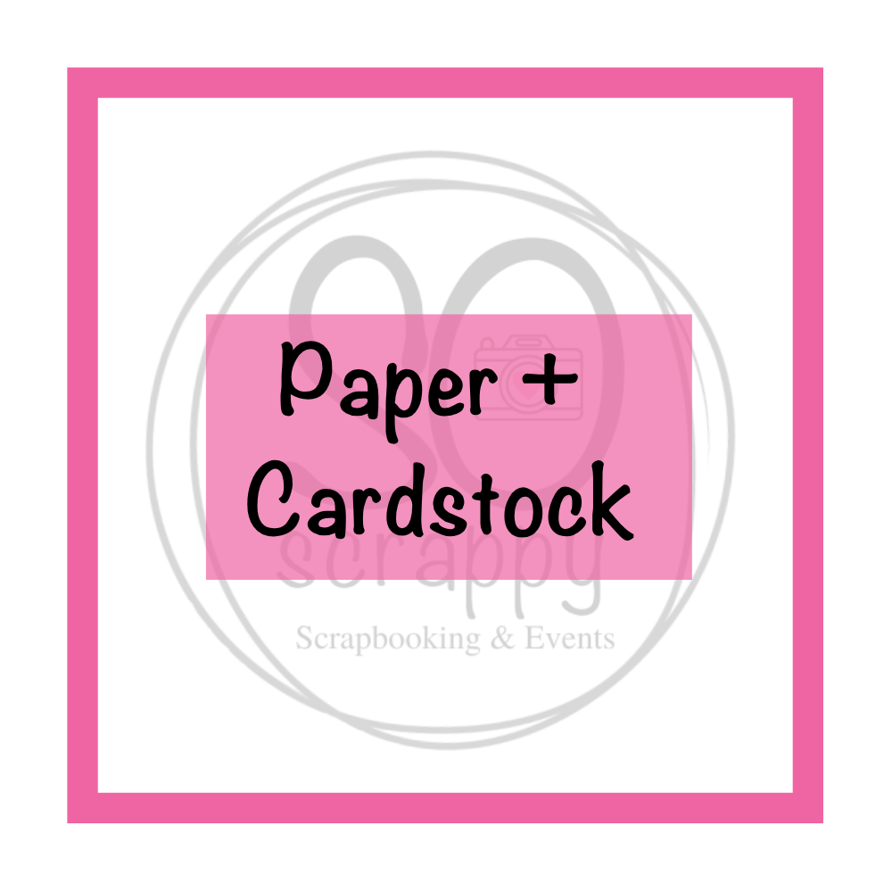 pink square border on a white background, shaded logo of So scrappy Scrapbooking & Events, the foreground reads paper + cardstock