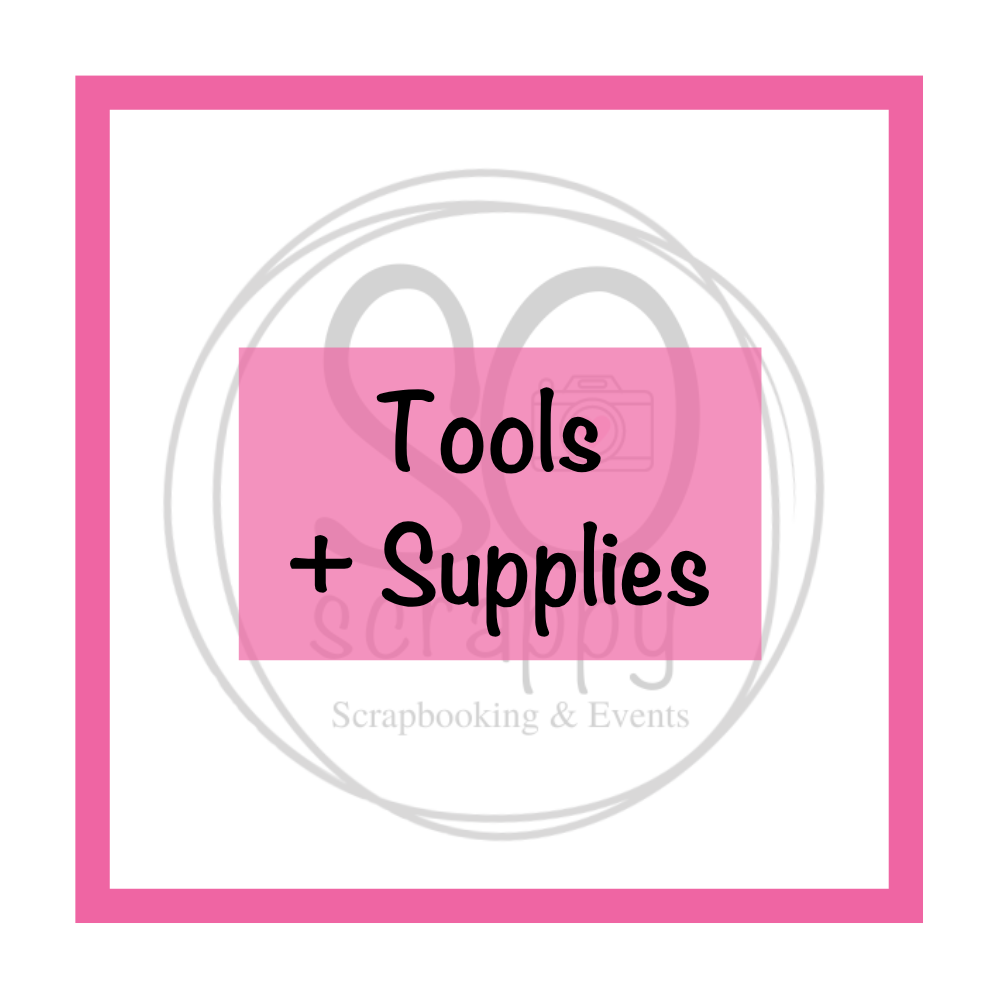 pink square border on a white background, shaded logo of So scrappy Scrapbooking & Events, the foreground reads tools + supplies