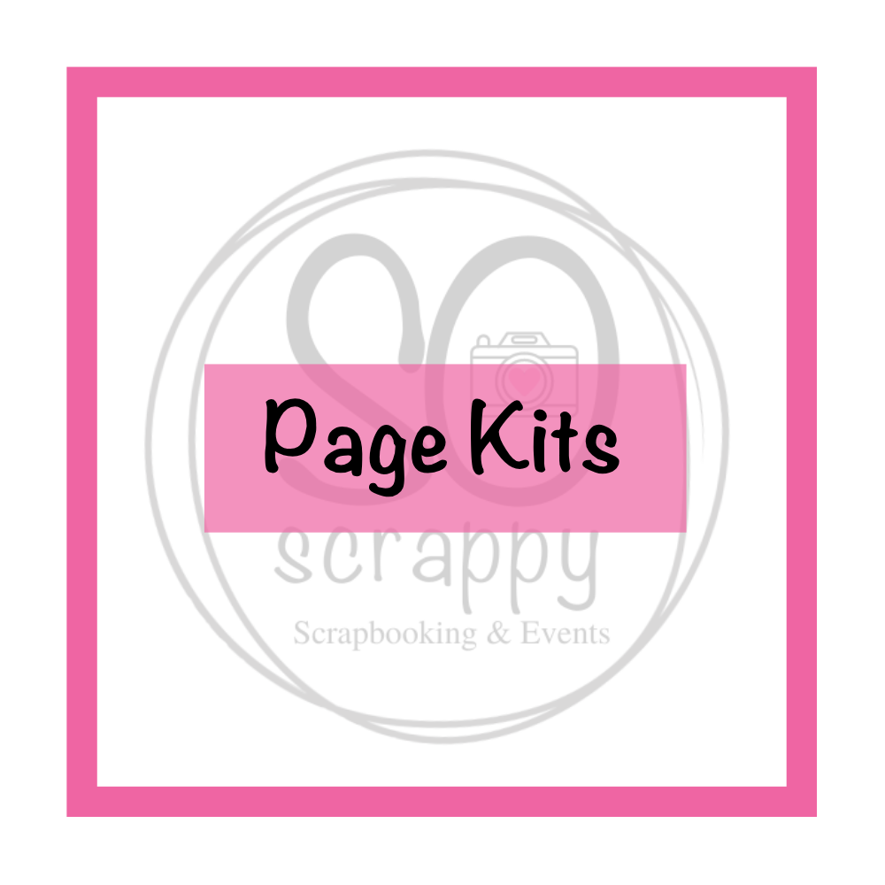 pink square border on a white background, shaded logo of So scrappy Scrapbooking & Events, the foreground reads page kits