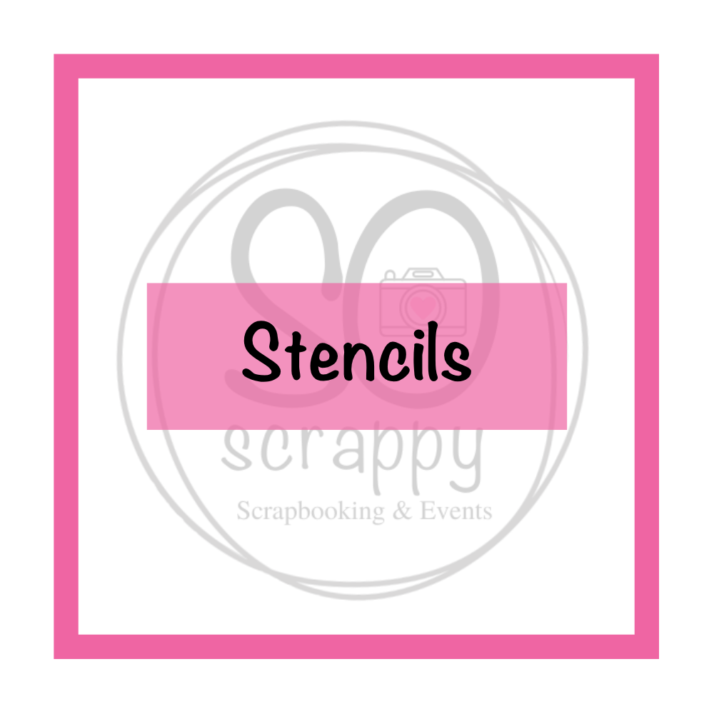 pink square border on a white background, shaded logo of So scrappy Scrapbooking & Events, the foreground reads stencils