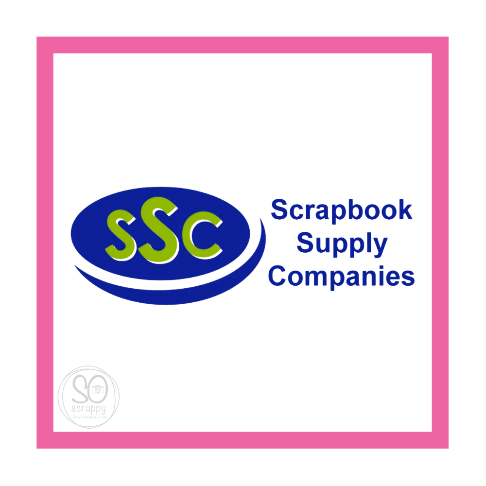 Pink Square border on a white background with a blue and green logo that reads Scrapbook SUpply Companies