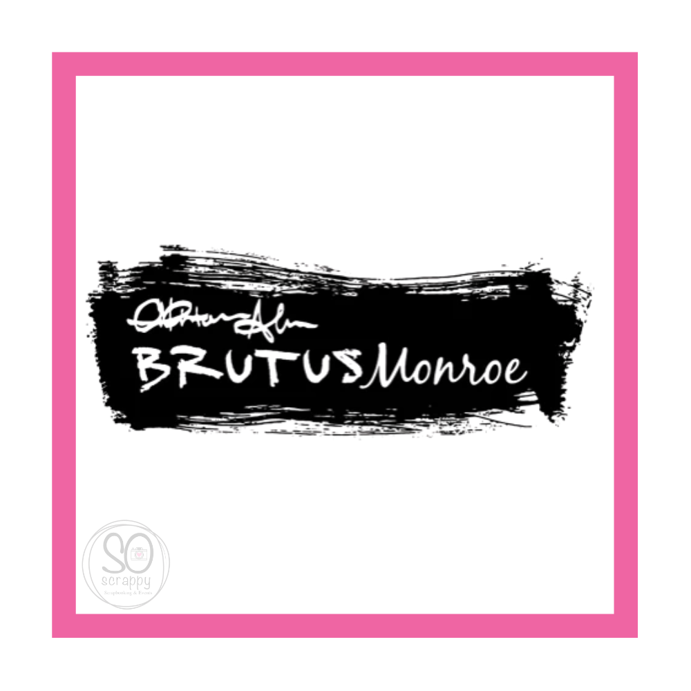 Pink Square border on a white background with a black logo that reads Brutus Monroe