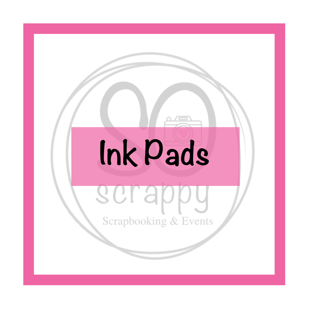 pink square border on a white background, shaded logo of So scrappy Scrapbooking & Events, the foreground reads ink pads
