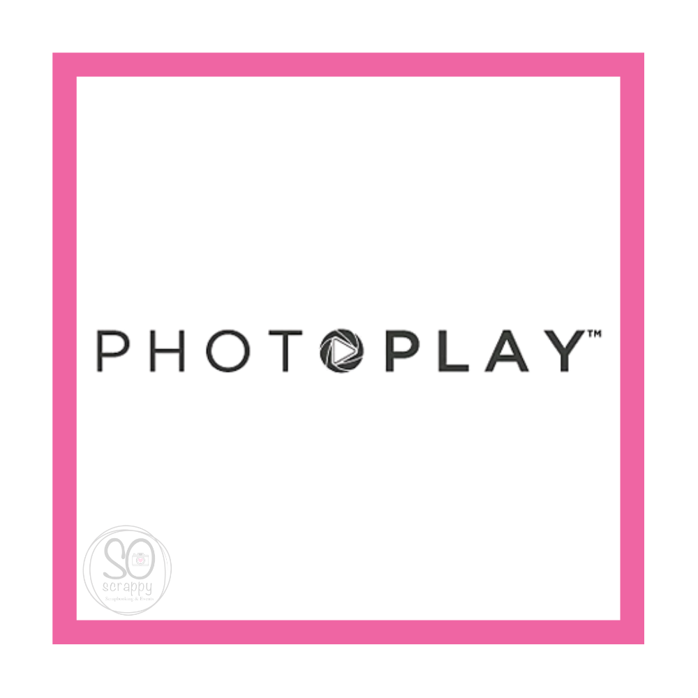pink square border on a white background with a black logo that reads photo play