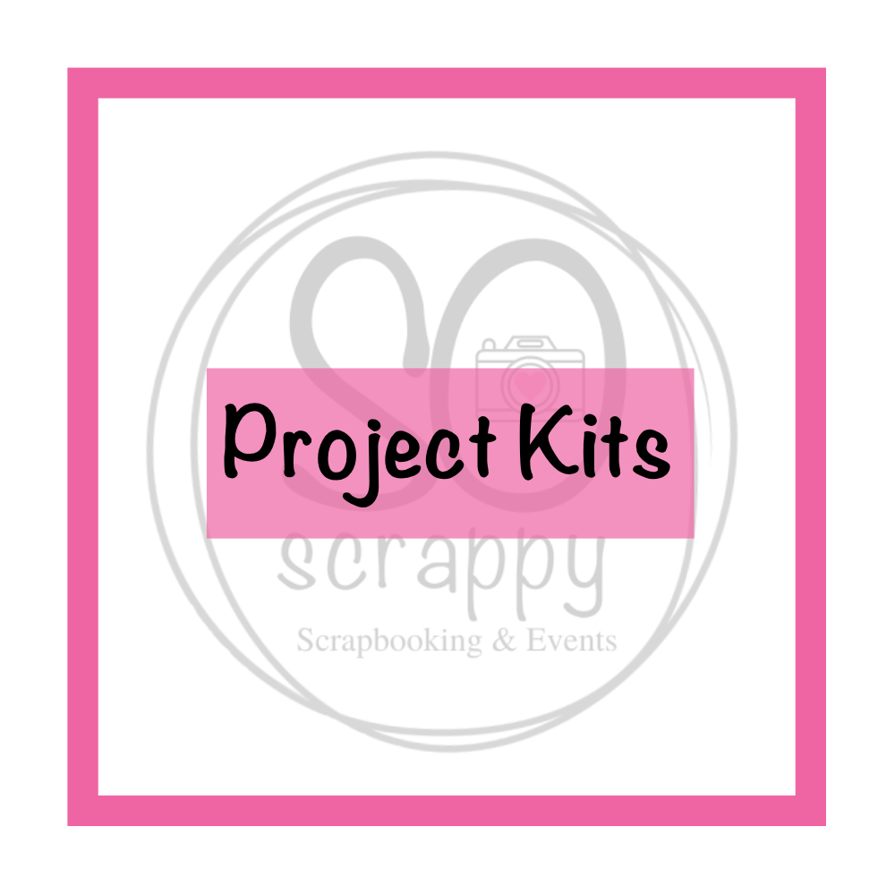 pink square border on a white background, shaded logo of So scrappy Scrapbooking & Events, the foreground reads project kits
