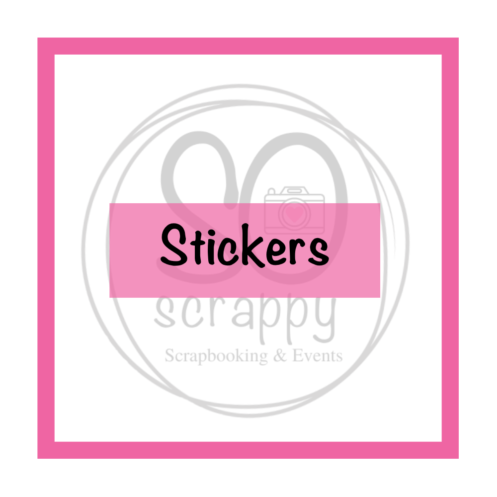 pink square border on a white background, shaded logo of So scrappy Scrapbooking & Events, the foreground reads stickers