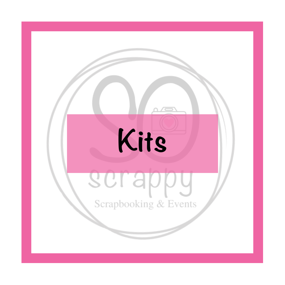 pink square border on a white background, shaded logo of So scrappy Scrapbooking & Events, the foreground reads kits