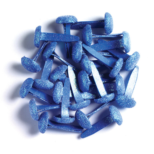 Blue glitter brads on a white background