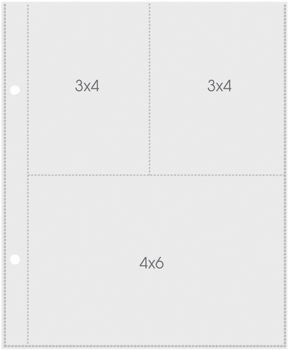 Sheet of clear photo sleeves with dimensions 3x4, 3x4, and 4x6 