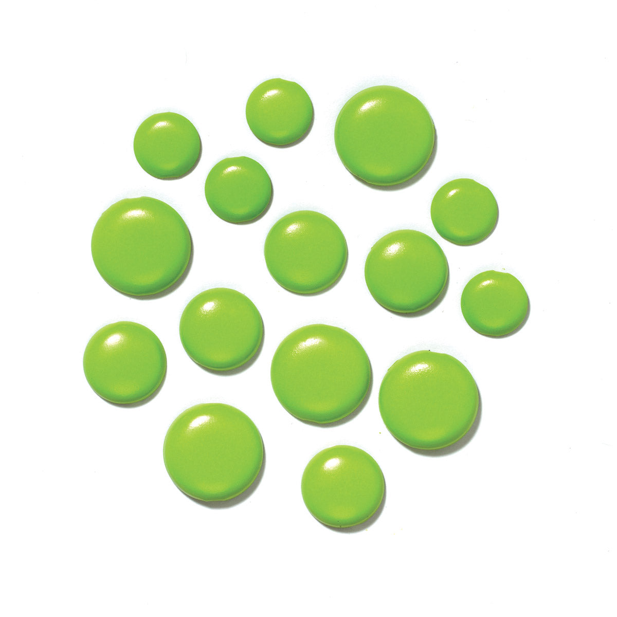 Green round brads/paper fasteners on a white background