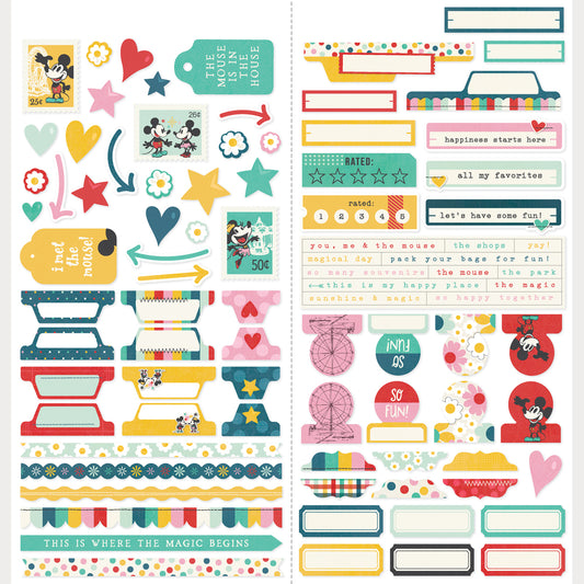 Collection of colorful stickers with various designs and text on a white background
