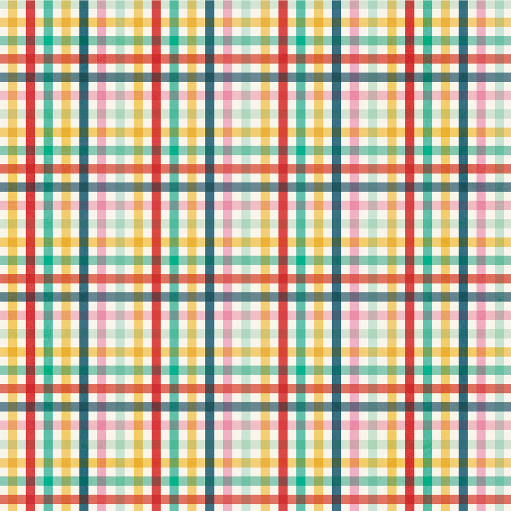 Colorful plaid pattern with red, green, yellow, and pink lines on a white background