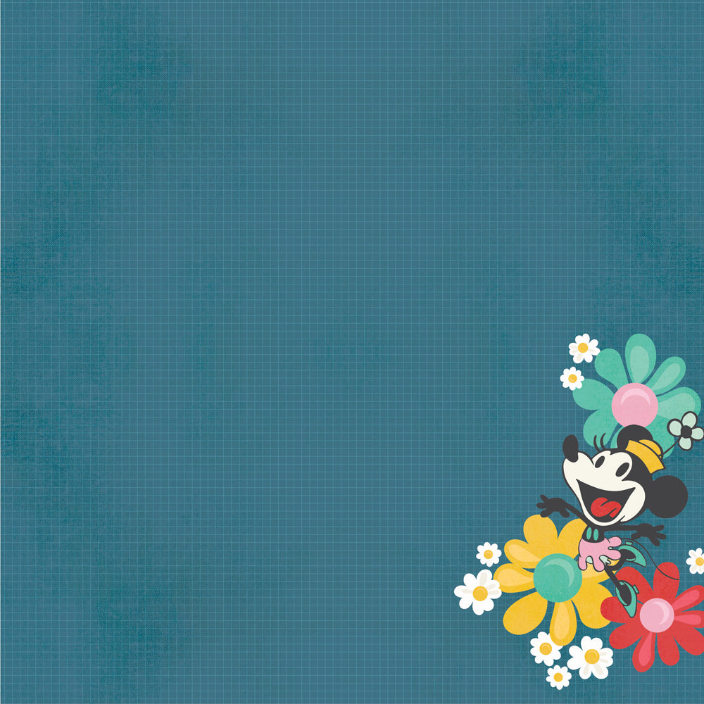 Cartoon character with flowers on a blue grid background