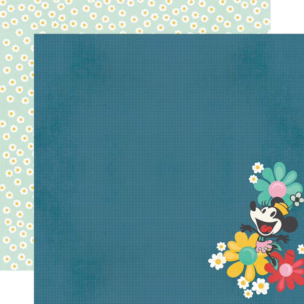 Teal paper with a cartoon character and flowers on a decorative border with small white flowers.