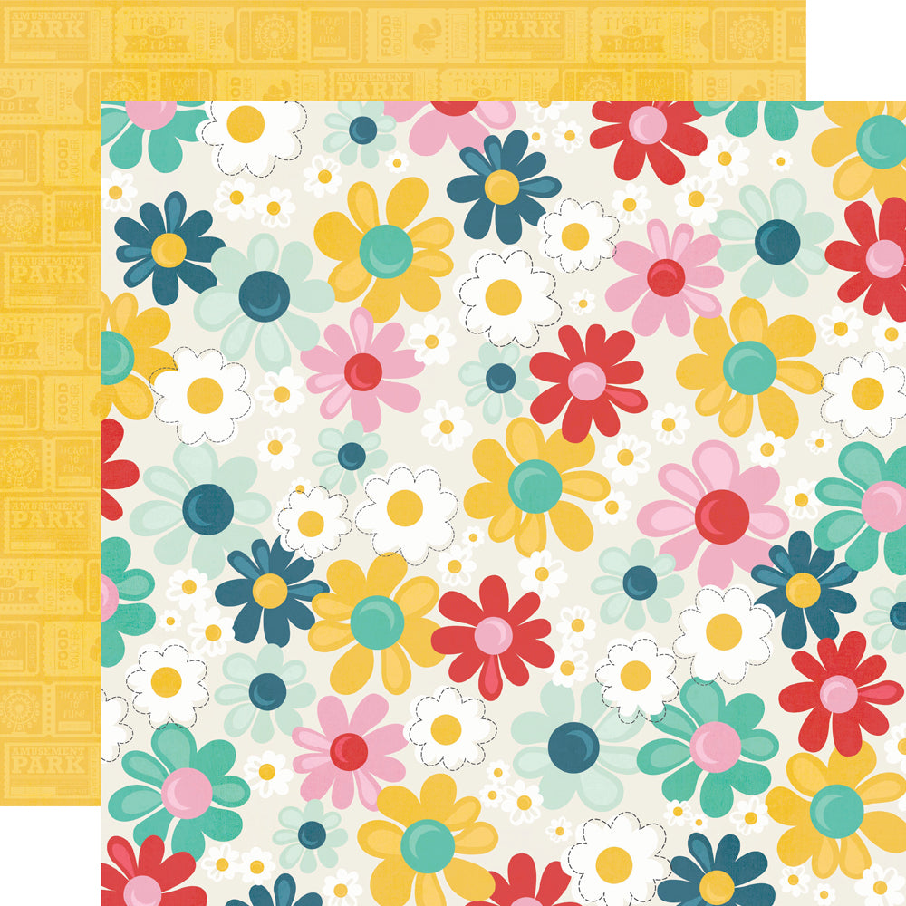 Colorful floral pattern on a white background with a yellow border