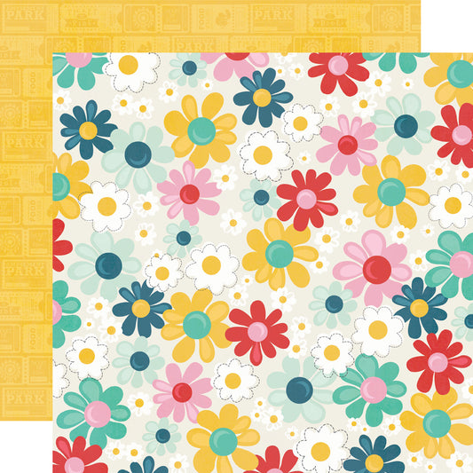 Colorful floral pattern on a white background with a yellow border