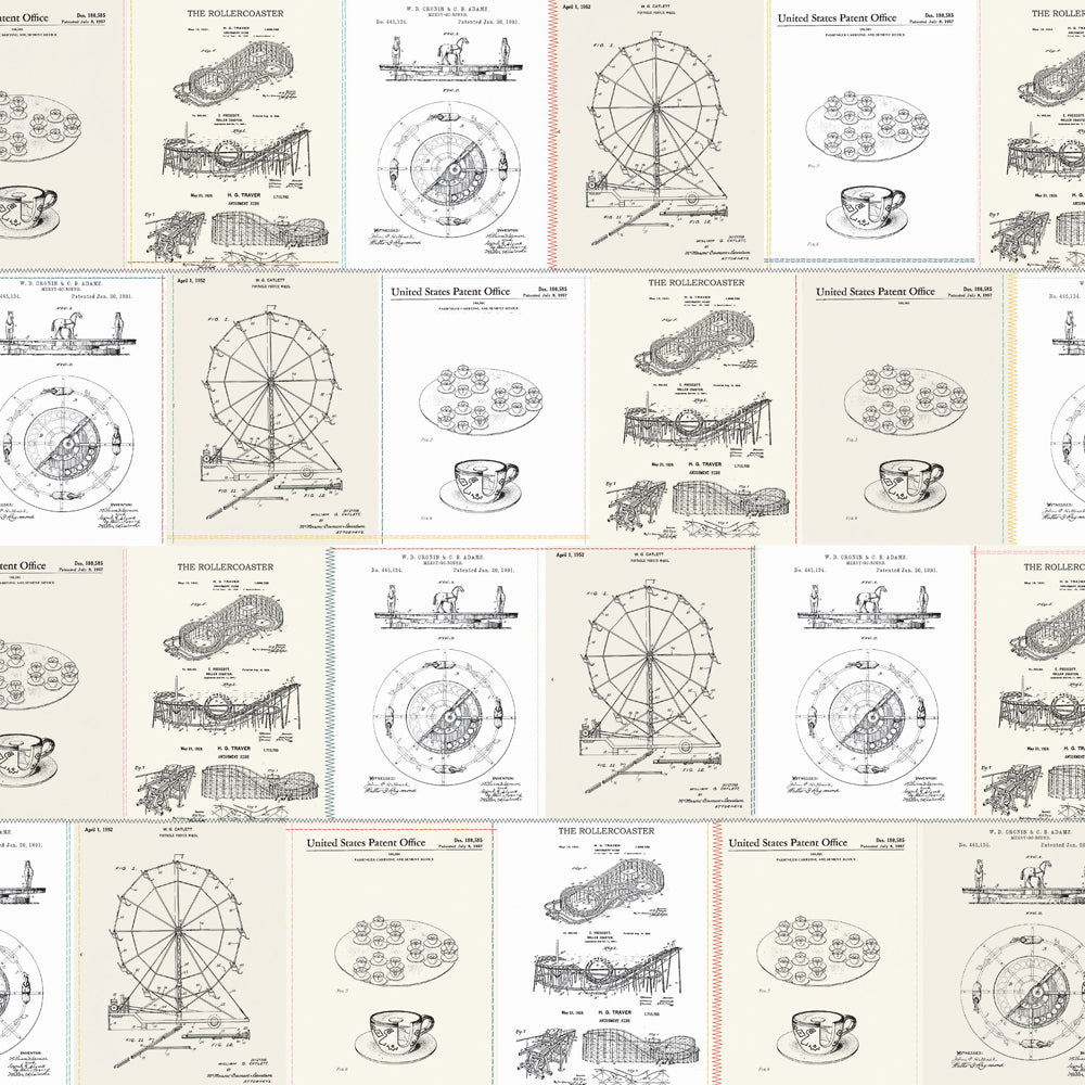 Collection of vintage patent illustrations on a beige background