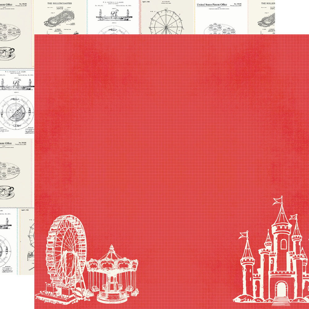 Red paper with white illustrations of a Ferris wheel, carousel, and castle on a white background.