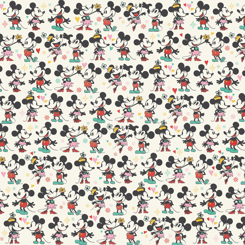 Pattern of cartoon characters in black, red, and pink on a white background