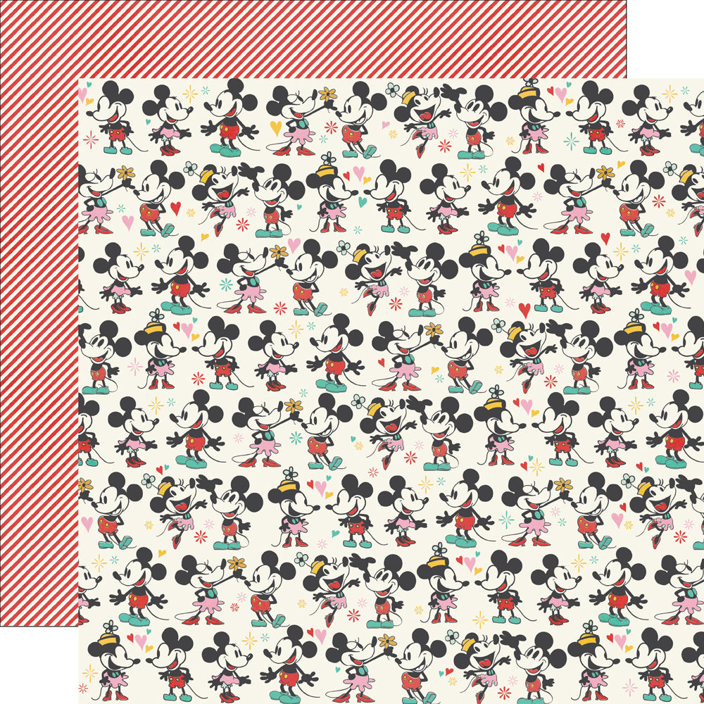 Patterned paper with multiple images of a character on a red and white striped border.