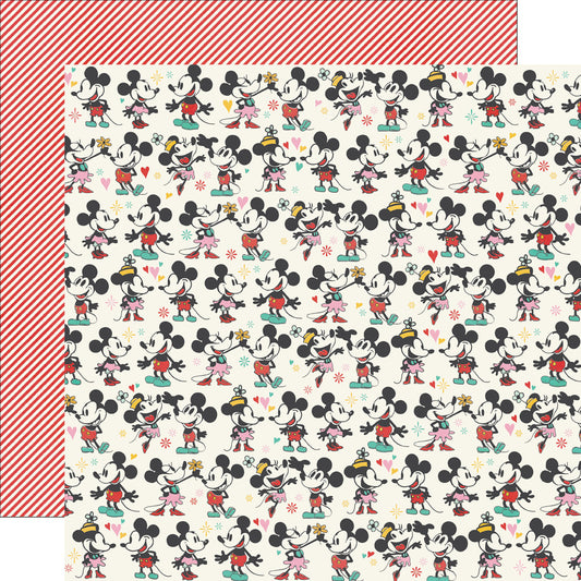 Patterned paper with multiple images of a character on a red and white striped border.