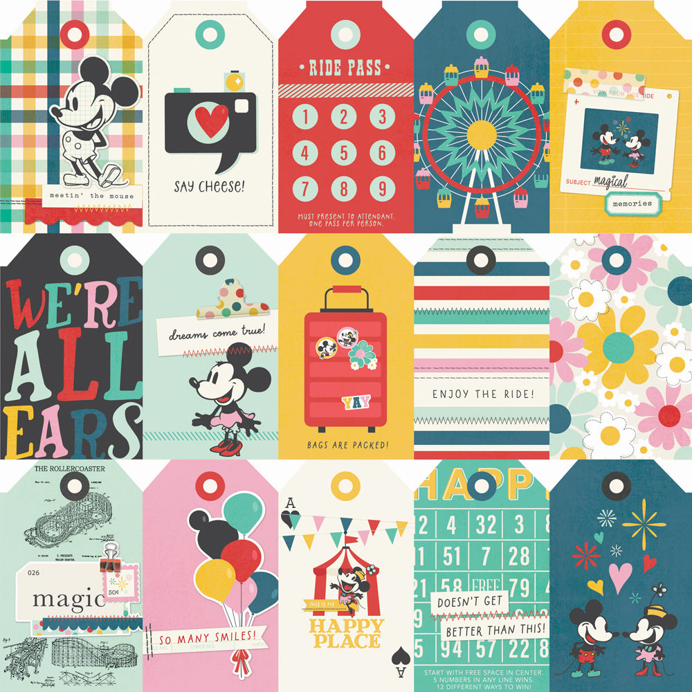 Collection of colorful design tags with various patterns and illustrations, including cartoon characters and text.