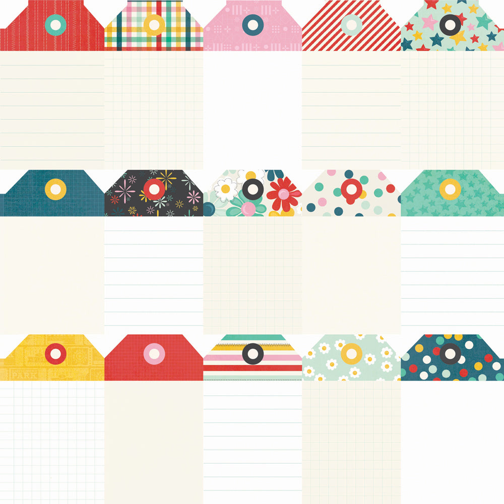 Colorful decorative labels with various patterns on a white background