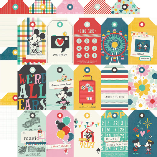 Collection of colorful design elements with cartoon characters and text on a white background