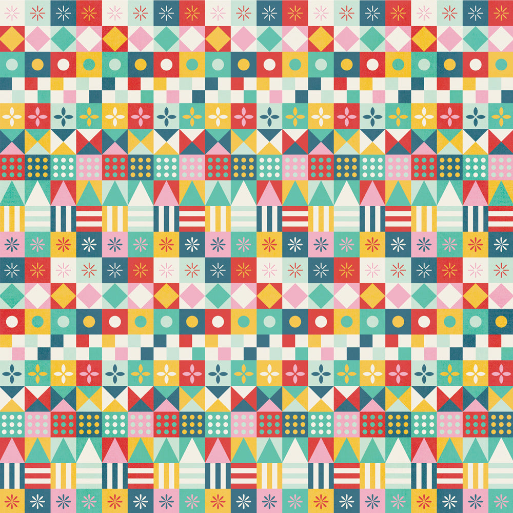 Colorful geometric pattern with squares, triangles, and circles on a multicolor background