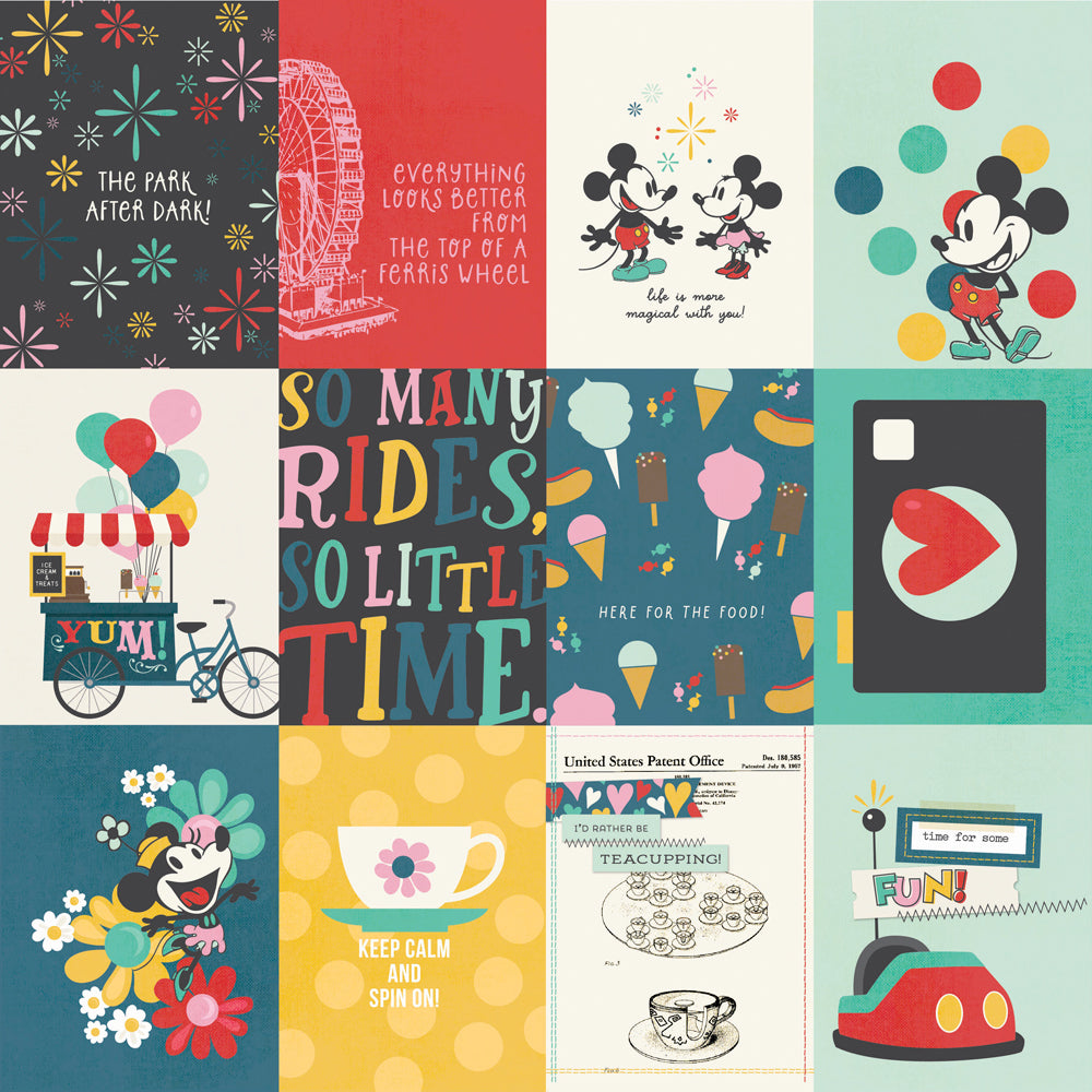 Collection of colorful Disney-themed illustrations and text on a grid pattern.