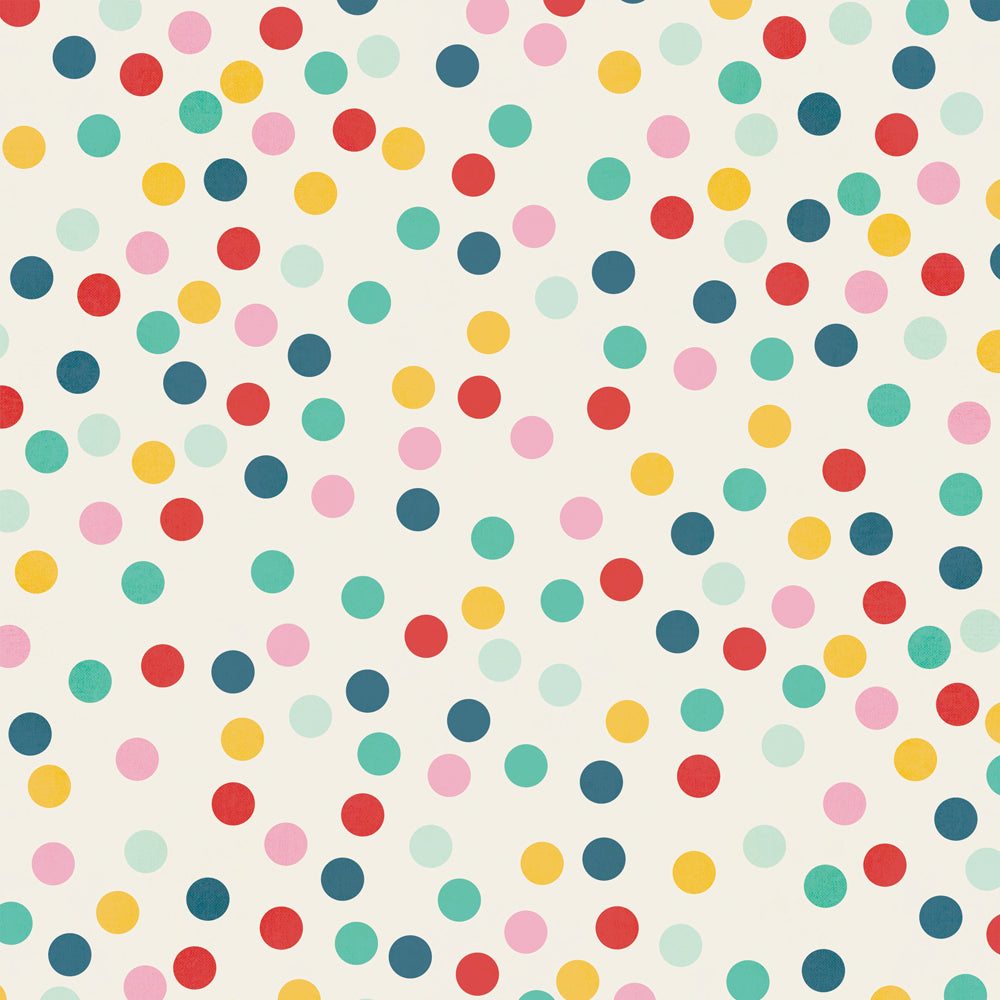 Pattern of colorful polka dots on a beige background