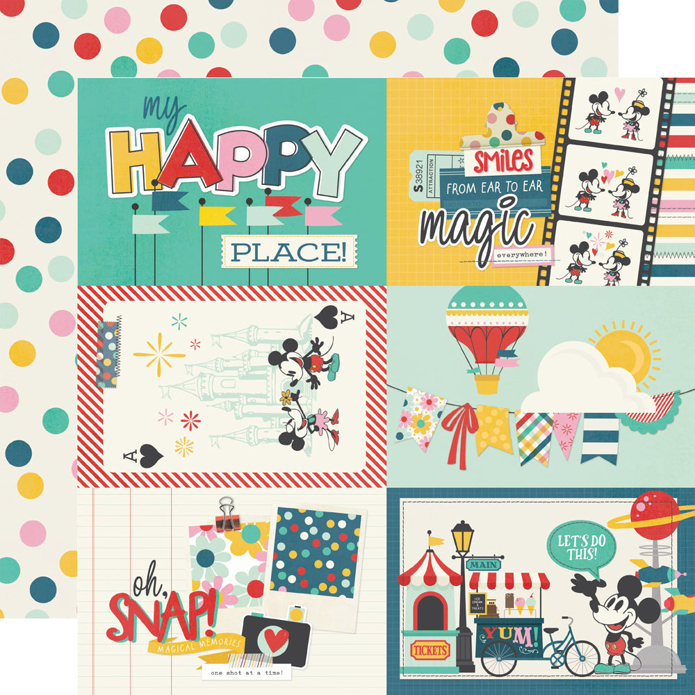 Colorful collage of Disney-themed elements with text and illustrations on a polka dot background.