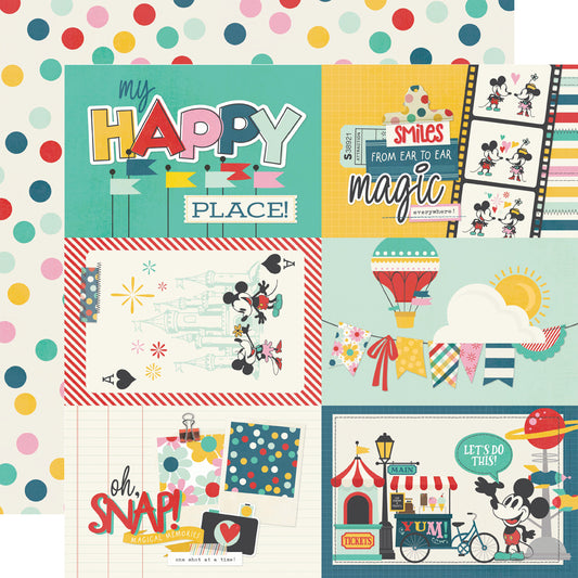 Colorful collage of Disney-themed elements with text and illustrations on a polka dot background.