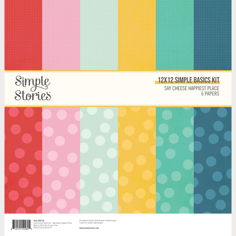 Collection of colorful patterned papers with 'Simple Stories' branding