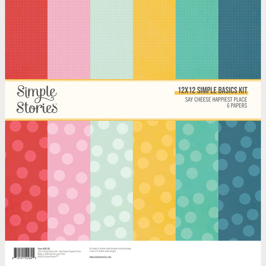 Collection of colorful patterned papers with 'Simple Stories' branding